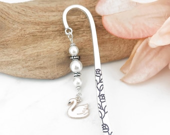 White Swan Bookmark: Enamel and Antique Silver Bead Bird Gifts