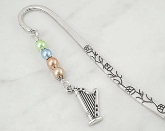 Harp Bookmark - Metal Beaded Bookmark Stationary - Harp Musical Instrument Beaded Bookmark - Harpist Gift - Music Bookmark