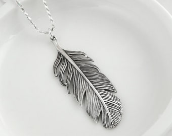 Large Feather Necklace - 925 Sterling Silver Jewelry - Feather Pendant