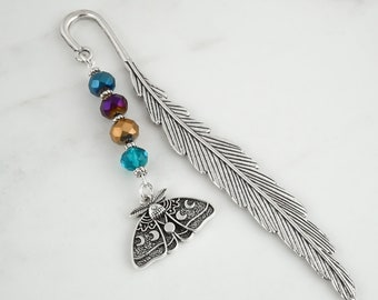 Mystical Moth Bookmark - Silver Moth Charm Bookmark - Beaded Metal Bookmark - Insect Gifts - Boho Gifts - Mystical Gifts - Witch Gifts