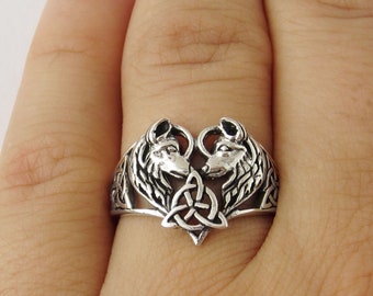 Wolf Ring - Celtic Wolf Ring - Heart Wolf Jewelry - 2 Wolves Ring - 925 Sterling Silver Jewelry - Silver Wolf Ring