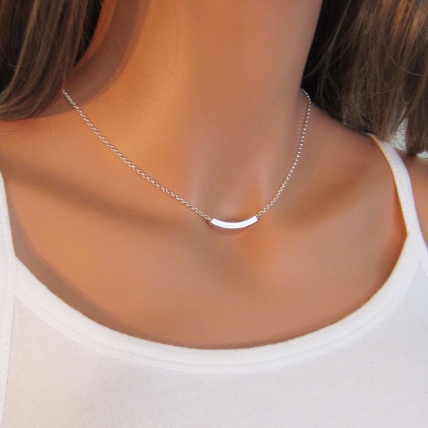 Curved Bar Necklace - 925 Sterling Silver Layering Necklace - Everyday Necklace - Dainty Casual Jewelry - 25mm Bar