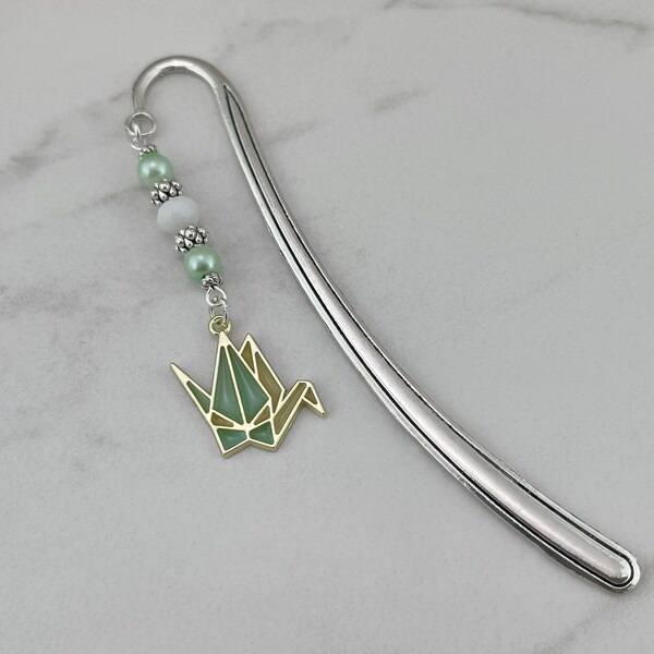 Origami Bird Bookmark - Paper Crane Charm Boomark - Unique Origami Bookmark - Beaded Metal Bookmark - Origami Gifts