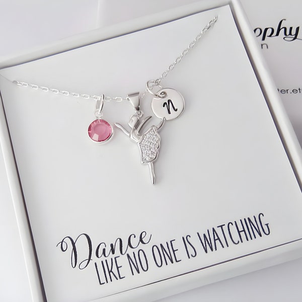 Ballerina Necklace - Ballet Jewelry - Dancer Gifts - Personalized 925 Sterling Silver Jewelry with Cubic Zirconia - Initial and Birthstone