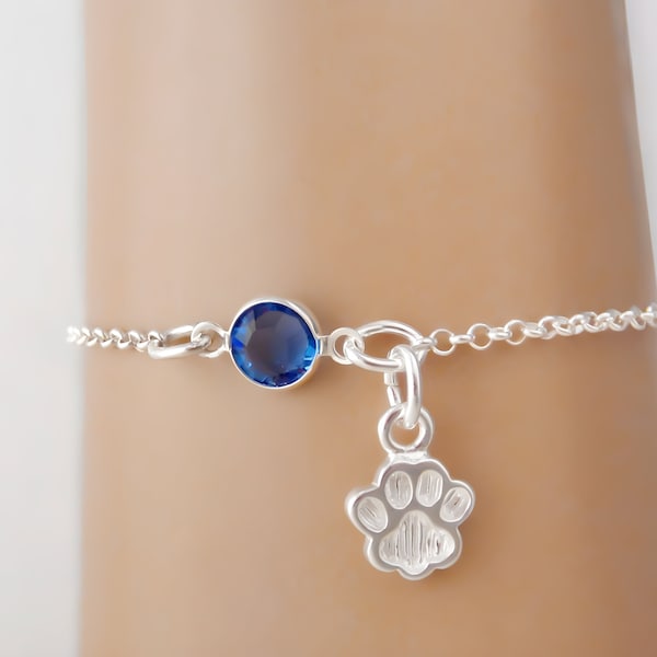 Dog Paw Bracelet or Anklet - Personalized Birthstone Bracelet - 925 Sterling Silver - Rolo Chain - Dainty Minimalist Bracelet