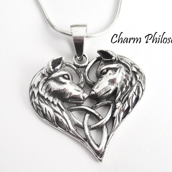 Wolf Necklace - 925 Sterling Silver Jewelry - Two Dogs / Wolves Heart Pendant