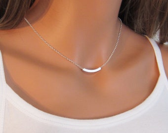 Curved Bar Necklace - 925 Sterling Silver Layering Necklace - Everyday Necklace - Dainty Casual Jewelry - 25mm Bar