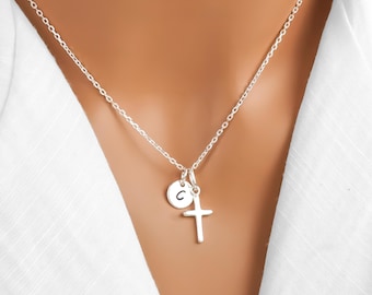 Sterling Silver Cross Necklace: Personalized Initial Charm, Religious Jewelry for Christians