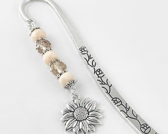 Sunflower Bookmark – Antique Silver Floral Charm, Beaded Teacher Gift
