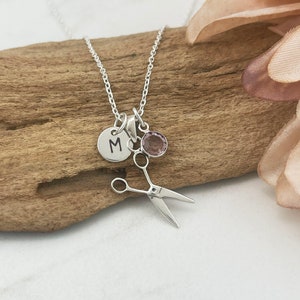 Scissors Necklace - Hair Stylist Gift or Hairdresser Necklace - 925 Sterling Silver Jewelry - Personalized Initial and Birthstone