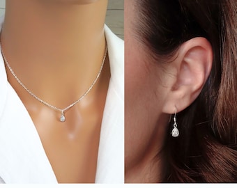 Tiny Cubic Zirconia Teardrop Necklace and Earrings Set - Minimalist Cubic Zirconia Tear Drop Charm Set - 925 Sterling Silver Jewelry Set