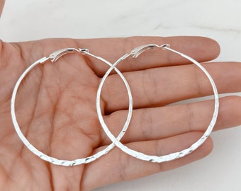 Large Hoop Earrings - 925 Sterling Silver Jewelry - Hammered Silver Hoops - 50mm | 2 inches