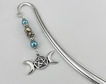 Triple Moon Goddess Bookmark - Crescent Moon and Star Bookmark - Moon Phase Charm Bookmark - Pentagram Bookmark - Celestial Bookmark
