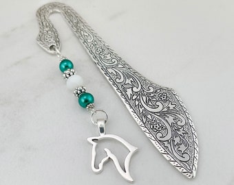 Horse Head Bookmark - Silver Horse Head Silhouette Charm - Teacher Gift Ideas - Tibetan Silver Beaded Bookmark