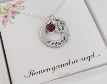 Baby Memorial Necklace - Still Born Gift - Late Stage Miscarriage Gift - Child Memorial Jewelry - Personalized Handstamped Name & Birthstone