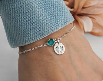 Sterling Silver Baby Feet Bracelet: Personalized Birthstone Charm, New Mom Gift