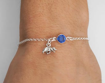 Sterling Silver Bear Bracelet or Anklet: Birthstone Charm, Rolo Chain