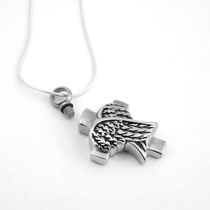 Angel Wings on a Cross Urn Necklace - Hollow Capsule Pendant - Keepsake Jewelry - Ashes Necklace - Memorial Jewelry