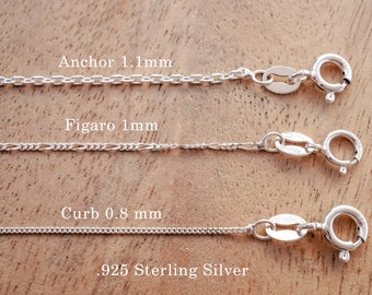 Fine Sterling Silver Chain, Anchor Chain, Figaro Chain, Curb Chain, Thin Silver Chain, Women's Chain, 1.1 mm - 16, 18, 20, 22, 24 inch