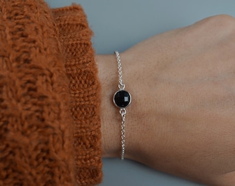 Black Onyx Bracelet - Round Onyx Gemstone Anklet - 925 Sterling Silver Jewelry - Minimalist Bracelet - Faceted Black Onyx Charm Bracelet