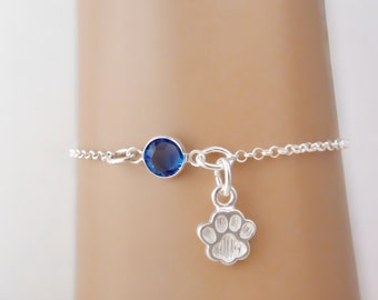 Dog Paw Bracelet or Anklet - Personalized Birthstone Bracelet - 925 Sterling Silver - Rolo Chain - Dainty Minimalist Bracelet