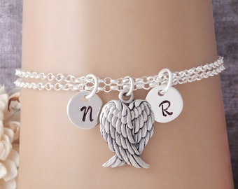 Personalized Angel Wing Bracelet - 925 Sterling Silver - Double Rolo Chain - 2 Hand Stamped Initials - Memorial Bracelet - Sympathy Gift