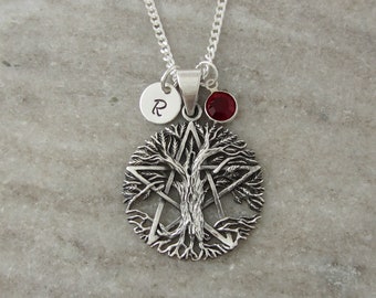 Pentacle Tree Necklace - Tree with Pentagram Wiccan Necklace - 925 Sterling Silver Jewelry - Personalized Initial and Birthstone