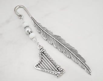 Harp Bookmark - Metal Beaded Bookmark Stationary - Harp Musical Instrument Beaded Bookmark - Harp Player Gift