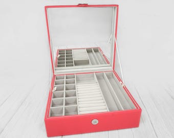 Red Jewelry Box Organizer for Girls and Women, Coral Vegan Leather Jewelry Organizer Black, Turquoise, Cream, Black, Pink, Grey Jewelry Case