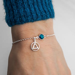 AA Symbol Birthstone Bracelet or Anklet - Alcoholics Anonymous Recovery Gifts - Minimalist 925 Sterling Silver Jewelry