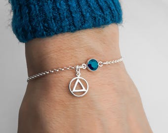 AA Symbol Bracelet - 925 Sterling Silver AA Symbol Anklet - Minimalist Personalized Birthstone Bracelet, Alcoholics Anonymous Recovery Gifts