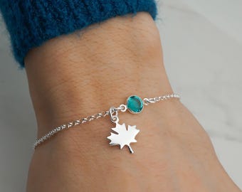 Maple Leaf Birthstone Bracelet or Anklet - Personalized Birthstone Bracelet - 925 Sterling Silver - Rolo Chain - Dainty Minimalist Bracelet