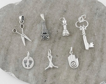 Small 925 Sterling Silver Charms - Eiffel Tower, Chess Piece, Key, Baby Feet, Hockey Sticks, Healing Hand, Hopi Hand Charm Pendant