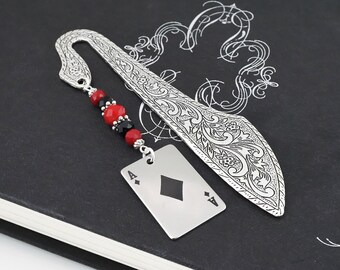 Playing Card Bookmark - Metal Bookmark for Poker Players - Poker Bookmark - Beaded Silver Bookmark - Engraved Ace Bookmark - Poker Gifts
