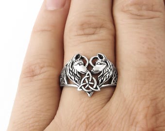 Wolf Ring - Celtic Wolf Ring - Heart Wolf Jewelry - 2 Wolves Ring - 925 Sterling Silver Jewelry - Silver Wolf Ring