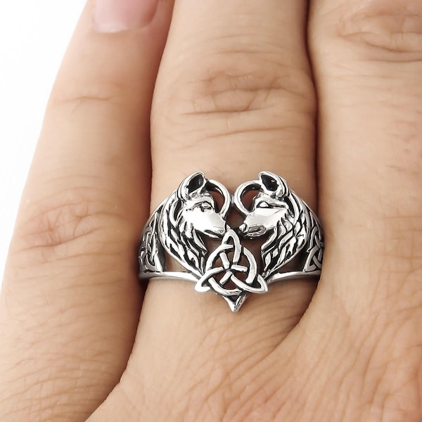 Wolf Ring - Celtic Wolf Ring - Heart Wolf Jewelry - 2 Wolves Ring - 925 Sterling Silver Jewelry - Silver Wolf Ring