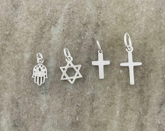 Small 925 Sterling Silver Charm Pendant - Religious Charms - Christian Cross Charms - Hamsa Charm - Jewish Star of David Charm