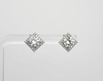 Square Diamond Earrings - Cubic Zirconia Earrings - CZ Square Studs - 925 Sterling Silver Earrings - Sparkly Earrings - LAST CHANCE