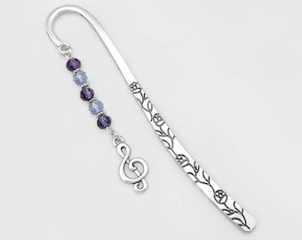 Treble Clef Bookmark: Beaded Silver Music Note Charm Gift