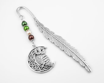 Celtic Owl Bookmark: Silver Bird with Crescent Moon Charm Beaded Book Marker, Owl Gifts