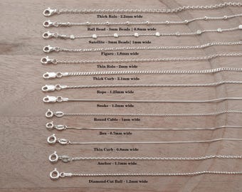 Solid Sterling Silver Chain Necklace for Women - Anchor, Snake, Rope, Curb, Cable, Rolo, Figaro, Box, Satellite, Ball Chains 14 to 36 inches
