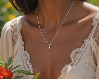 Tiny Teardrop Necklace - Minimalist Jewelry - Cubic Zirconia Tear Drop Charm - 925 Sterling Silver Necklace - Simple Everyday Jewelry