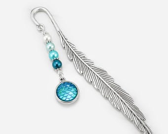 Mermaid Scales Bookmark: Blue Iridescent Charm Beaded Book Marker, Birthday Party Favors