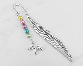 Balloon Animal Dog Bookmark - Silver Dog Balloon Charm Bookmark - Unique Beaded Charm Bookmark - Dog Lover Gifts Dog Bookmark for Kids