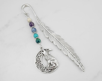 Celtic Wolf Bookmark Silver Howling Wolf Charm Celtic Crescent Moon Charm Bookmark Unique Beaded Wolves Bookmark Wolf Gifts Celtic Gifts