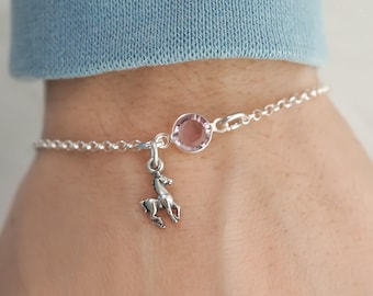 Sterling Silver Horse Bracelet: Dainty Birthstone Equestrian Jewelry