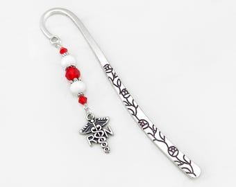 Registered Nurse Bookmark - RN Caduceus Bookmark - Gifts for Nurses - Unique Metal Beaded Charm Bookmark - RN Gift for Registered Nurses