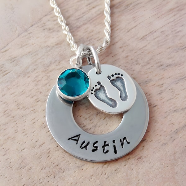 Baby Name Necklace - New Mom Jewelry - Child Memorial Gift - Personalized Hand Stamped Name and Birthstone