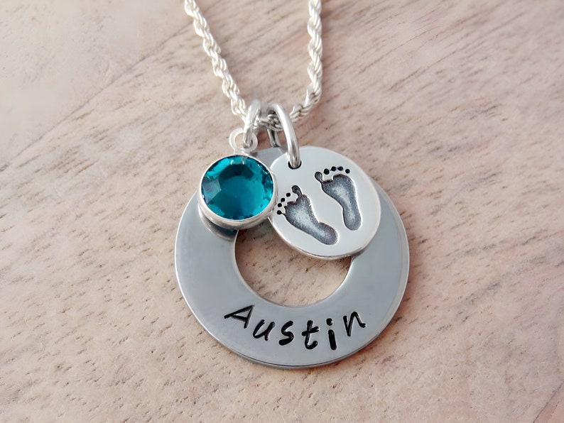 Baby Name Necklace New Mom Jewelry Child Memorial Gift Personalized Hand Stamped Name and Birthstone image 1