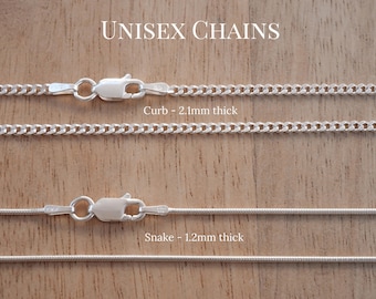 Solid Sterling Silver Chain for Men or Women - 1.2mm Snake Chain, 2.1mm Curb Chain - 14, 16, 18, 20, 22, 24 inches, Unisex